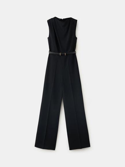Mango Mirta Belted Waist Wide Leg Jumpsuit, Black, Black