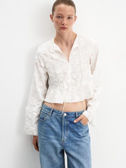 Mango Cotton Embroidered Blouse, White, White