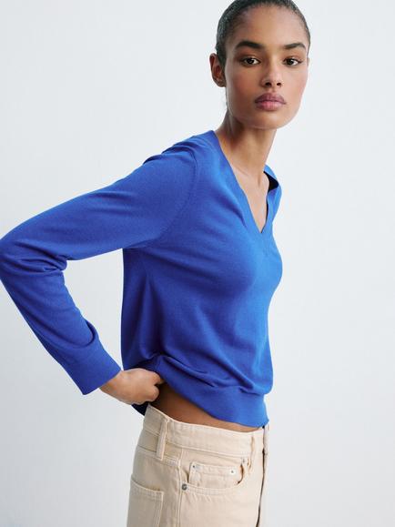 Mango Lucca Lightweight V-Neck Knit Jumper, Electric Blue, Electric Blue