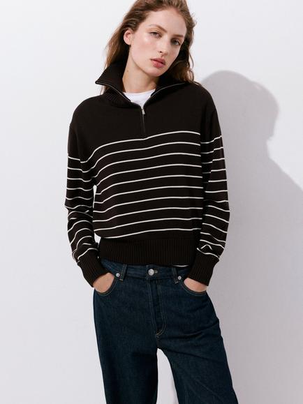 Mango Zip Neck Knit Sweater, Brown, Brown