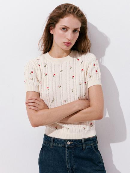 Mango Floral Fine Knit Crew Neck Jumper, Raw, Raw
