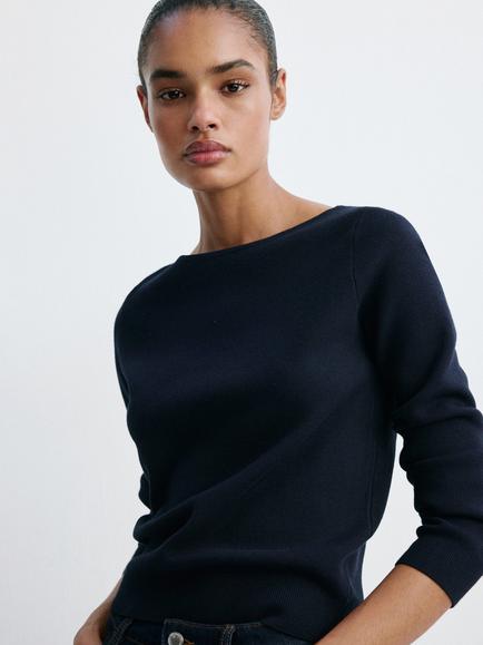 Mango Boat Neck Fine-Gauge Knit Jumper, Navy, Navy