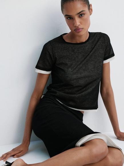 Mango Crew Neck Knit T-Shirt, Black, Black