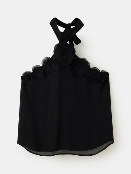 Mango Lindsay Halter Rosette Trim Fluid Drape Top, Black, Black