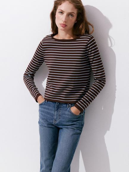 Mango Long Sleeve Boat Neck Knit Top, Chocolate, Chocolate