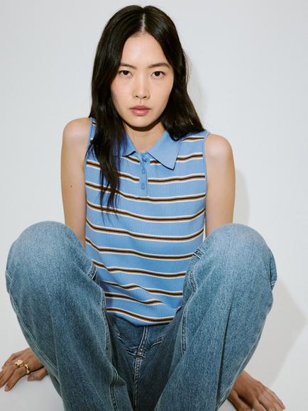 Mango Sleeveless Ribbed Knit Collared Top, Blue, Blue