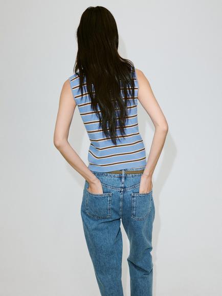 Mango Sleeveless Ribbed Knit Collared Top, Blue - view 2, Blue