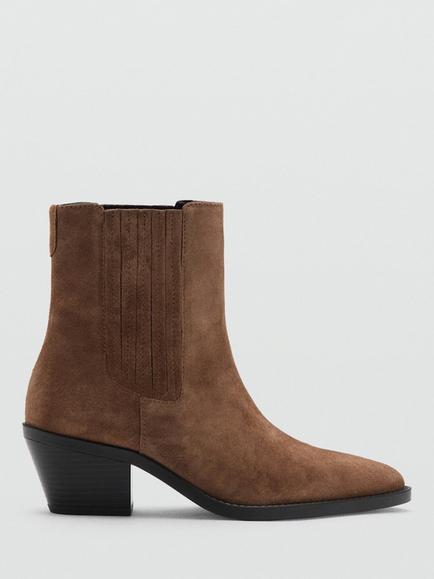 Mango Suede Stacked Heel Pointed Toe Ankle Boots, Tobacco, Tobacco