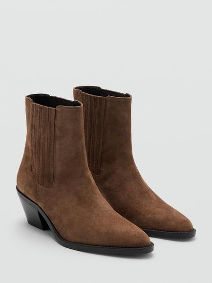 Mango Suede Stacked Heel Pointed Toe Ankle Boots, Tobacco - view 2, Tobacco