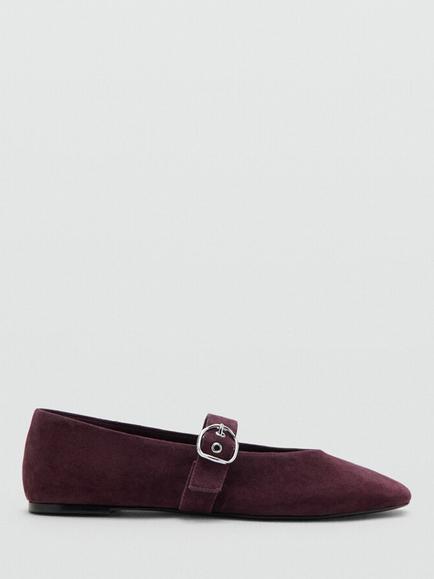Mango Suede Mary Jane Ballerina Pumps, Bordeaux