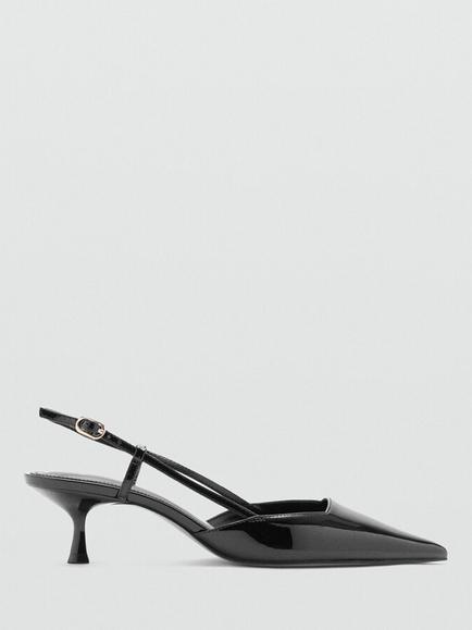 Mango Patent Pointed Toe Kitten Heel Slingback Court Shoes, Black, Black