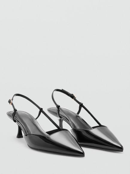 Mango Patent Pointed Toe Kitten Heel Slingback Court Shoes, Black - view 2, Black