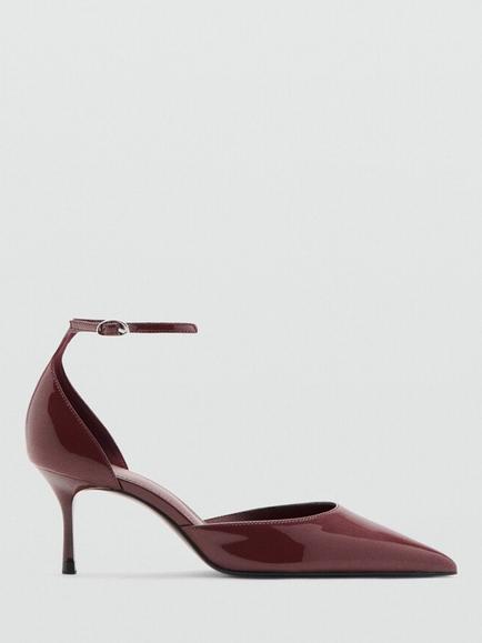 Mango Pointed Toe Ankle Strap Kitten Heel Court Shoes, Brown, Brown