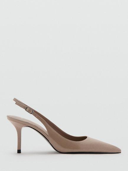 Mango Patent Pointed Toe Stiletto Heels Slingback Court Shoes, Beige, Beige