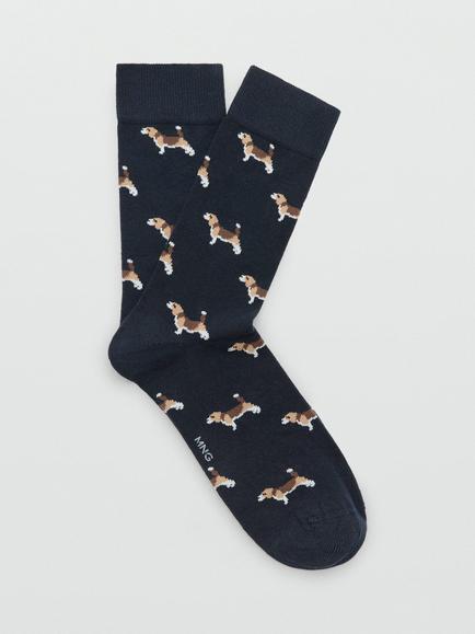 Mango Dog Print Long Socks,Navy, Navy