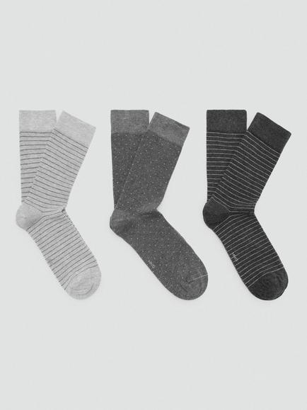 Mango Cotton Blend Stripe & Spot Long Socks, Pack of 3, Grey, Grey