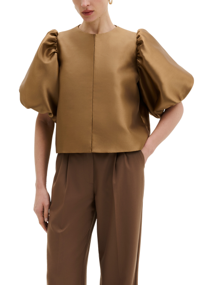 Malina Cleo Satin Puff Sleeve Top, Camel