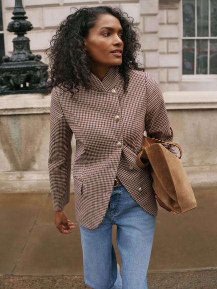 Mint Velvet Checked Single Breasted Blazer, Burgundy - view 2, Burgundy