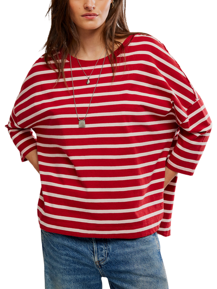 Free People 2 Sense Long Sleeve Striped T-Shirt, Red/White, Red/White