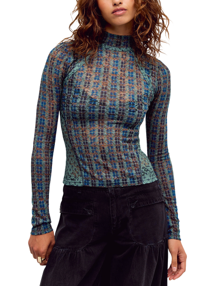 Free People Lyric Long Sleeve Printed Lace Top, Blue Multi, Blue Multi