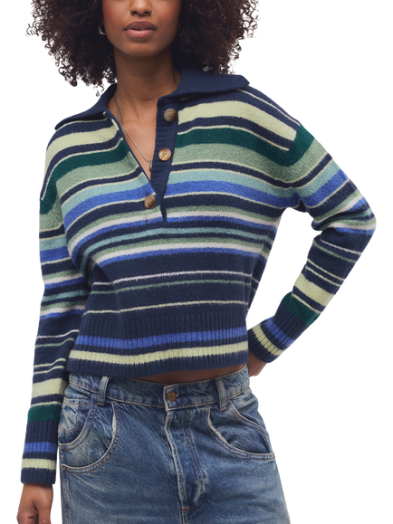 Free People Trading Up Striped Cotton Blend Knit Polo Jumper, Navy/Multi, Navy/Multi