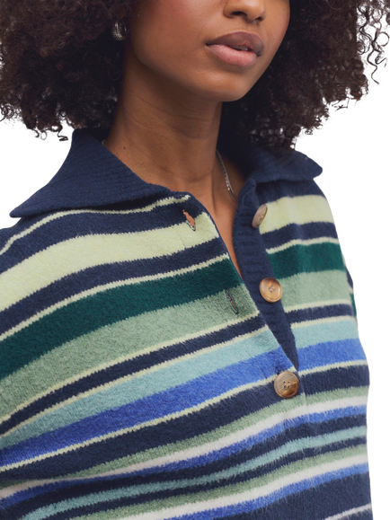 Free People Trading Up Striped Cotton Blend Knit Polo Jumper, Navy/Multi - view 2, Navy/Multi