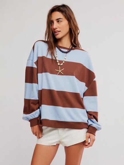 Free People Classic Stripe Crew Neck Jumper, Light Blue/Brown, Multi
