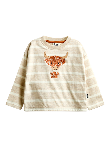 JoJo Maman Bébé Kids' Wild One Highland Cow Embroidered Top, Oatmeal, Oatmeal