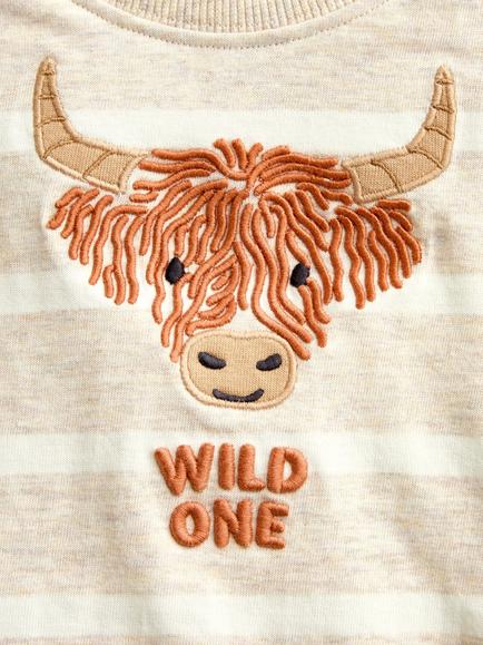 JoJo Maman Bébé Kids' Wild One Highland Cow Embroidered Top, Oatmeal - view 2, Oatmeal