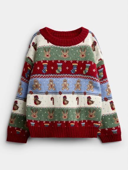 JoJo Maman Bébé Kids' Christmas Multi Character Fair Isle Jumper, Burgundy Red, Burgundy Red