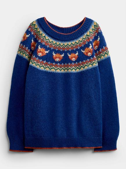JoJo Maman Bébé Kids' Knitted Highland Cow Jumper, Indigo Blue, Indigo Blue