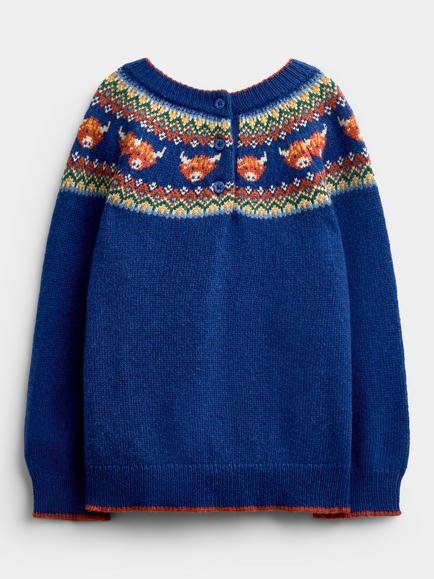 JoJo Maman Bébé Kids' Knitted Highland Cow Jumper, Indigo Blue - view 2, Indigo Blue