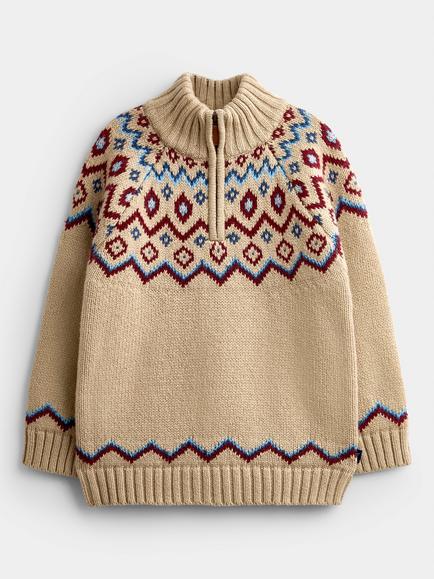 JoJo Maman Bébé Kids' Nordic Half Zip Knitted Jumper, Natural, Natural