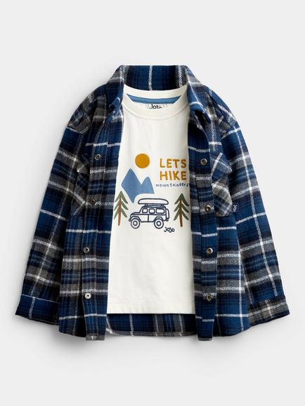 JoJo Maman Bébé Kids' Brushed Shirt and T-Shirt Set, Dark Blue, Dark Blue