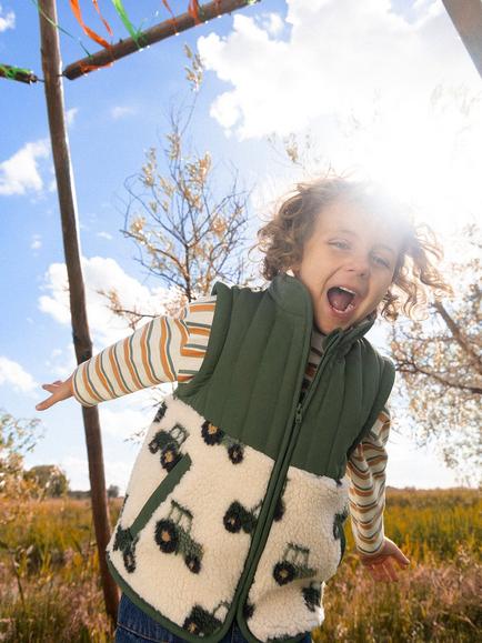 JoJo Maman Bébé Kids' 2-In-1 Tractor Teddy Borg Fleece Jacket, Khaki Green - view 2, Khaki Green