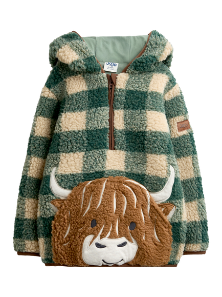 JoJo Maman Bébé Kids' Highland Cow Appliqué Half Zip Teddy Borg Jacket, Green, Green