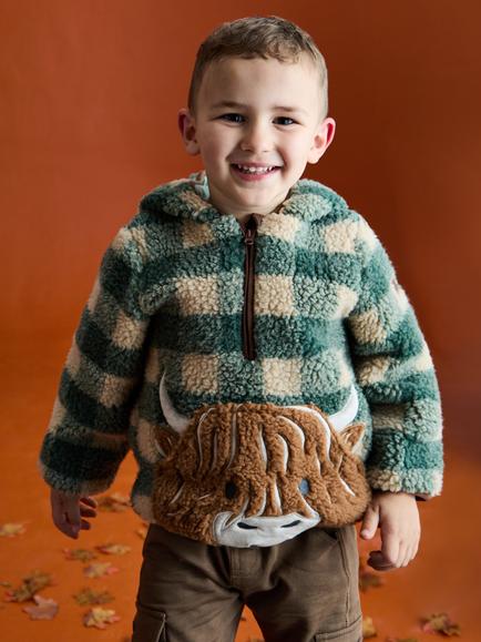 JoJo Maman Bébé Kids' Highland Cow Appliqué Half Zip Teddy Borg Jacket, Green - view 2, Green