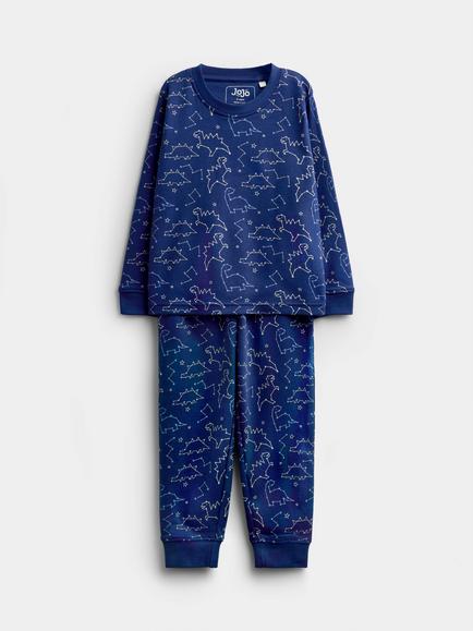 JoJo Maman Bébé Kids' Glow-In-The-Dark Dinosaur Jersey Pyjamas, Dark Blue, Dark Blue