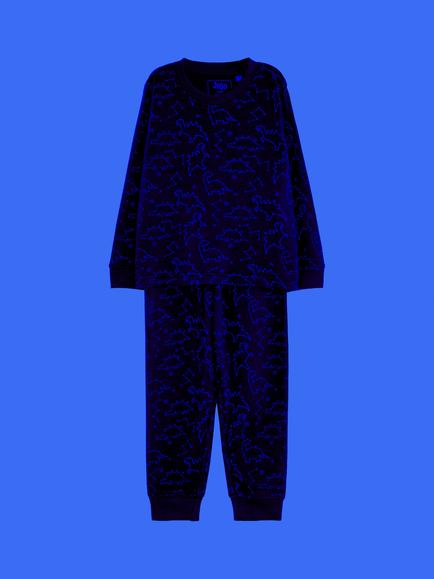 JoJo Maman Bébé Kids' Glow-In-The-Dark Dinosaur Jersey Pyjamas, Dark Blue - view 2, Dark Blue