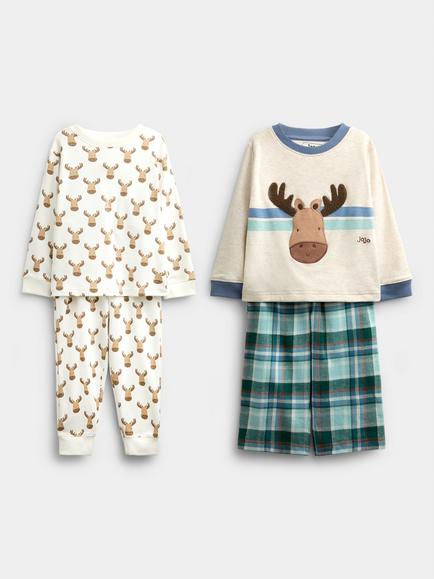 JoJo Maman Bébé Kids' Moose Pyjamas, Pack of 2, Natural, Natural