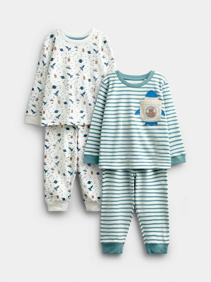 JoJo Maman Bébé Kids' Space Bear Pyjamas, Pack of 2, Blue, Cornflower Blue