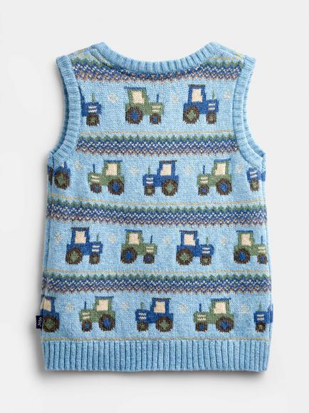 JoJo Maman Bébé Kids' Knitted Sleeveless Fair Isle Tractor Top, Mid Blue - view 2, Mid Blue