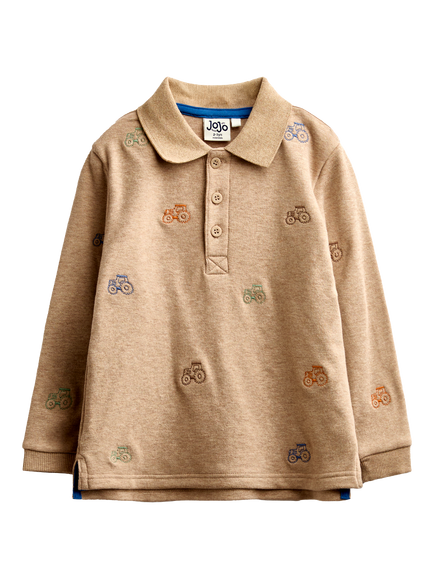 JoJo Maman Bébé Kids' Tractor Embroidered Polo Shirt, Brown, Brown