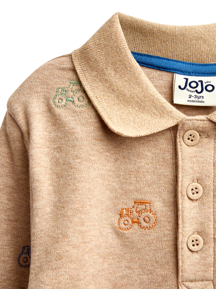 JoJo Maman Bébé Kids' Tractor Embroidered Polo Shirt, Brown - view 2, Brown