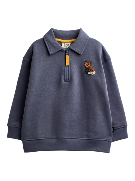 JoJo Maman Bébé Baby Embroidered Red Panda Half Zip Sweatshirt, Mid Blue, Mid Blue