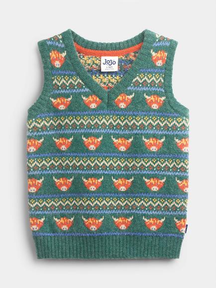 JoJo Maman Bébé Kids' Highland Cow Fair Isle Knitted Vest Top, Khaki Green, Khaki Green