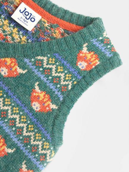 JoJo Maman Bébé Kids' Highland Cow Fair Isle Knitted Vest Top, Khaki Green - view 2, Khaki Green