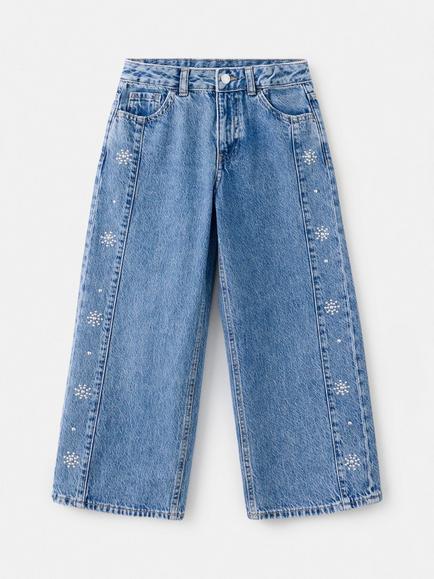 Mango Kids' Embellished Wide Leg Jeans, Mid Blue, Mid Blue