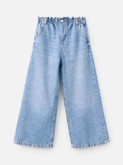 Mango Kids' High Elasticated Waist Wide-Leg Jeans, Mid Blue, Mid Blue