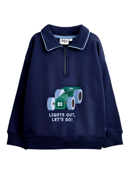 JoJo Maman Bébé Kids' Car Applique Half Zip Sweatshirt, Navy Blue, Navy Blue